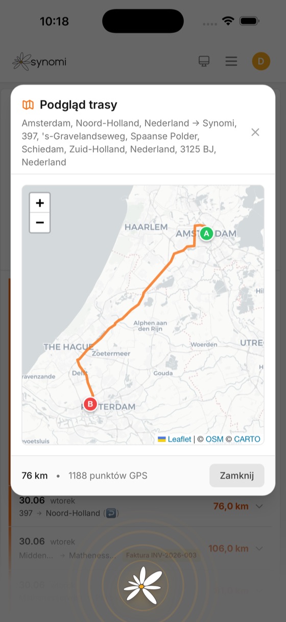 GPS-Routenvorschau in Synomi — Fahrt auf der Karte