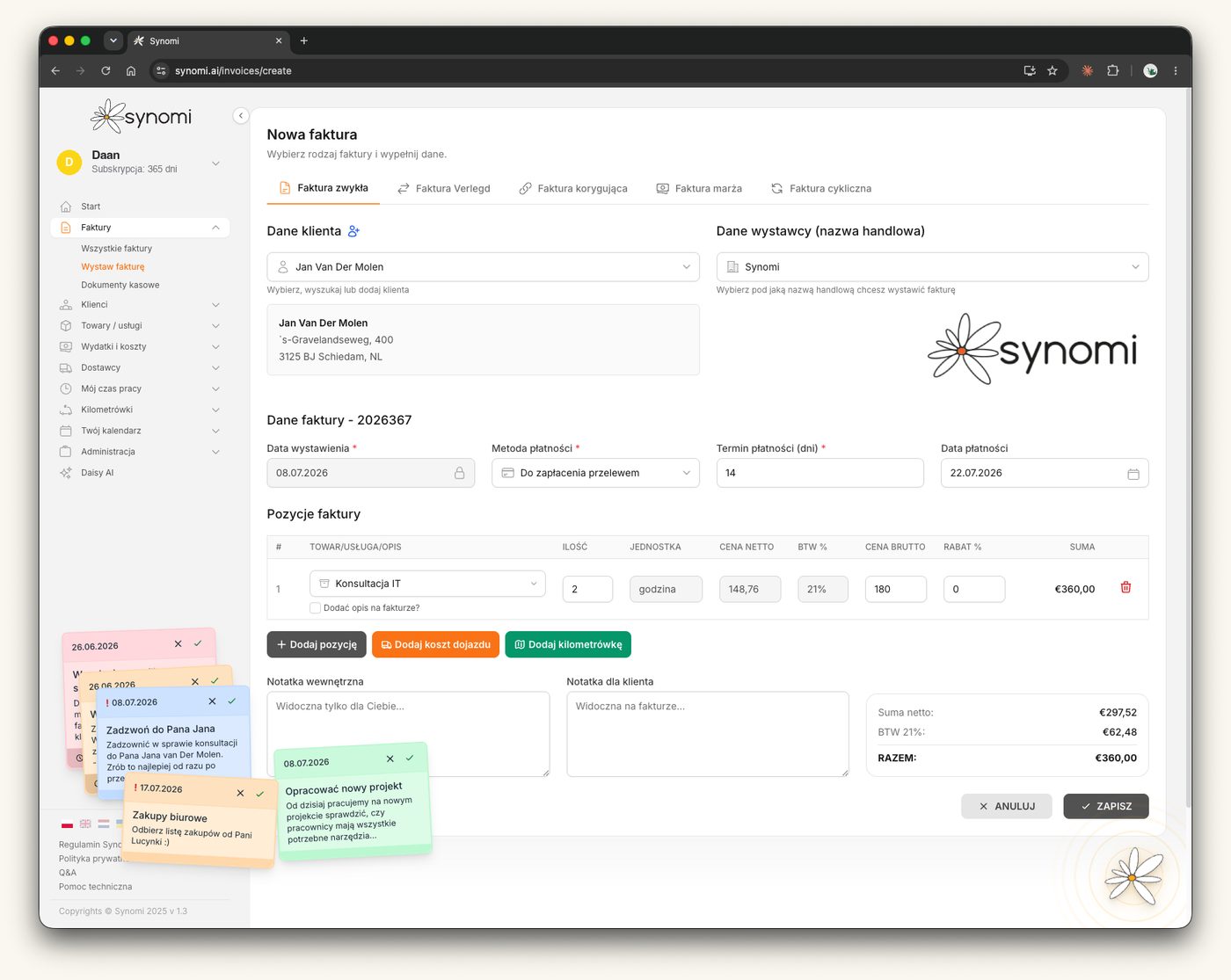 Neue Rechnung in Synomi — Kunde, Position, Speichern