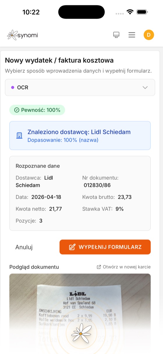 OCR-Scanner in Synomi — Beleg mit 100 % Sicherheit erkannt